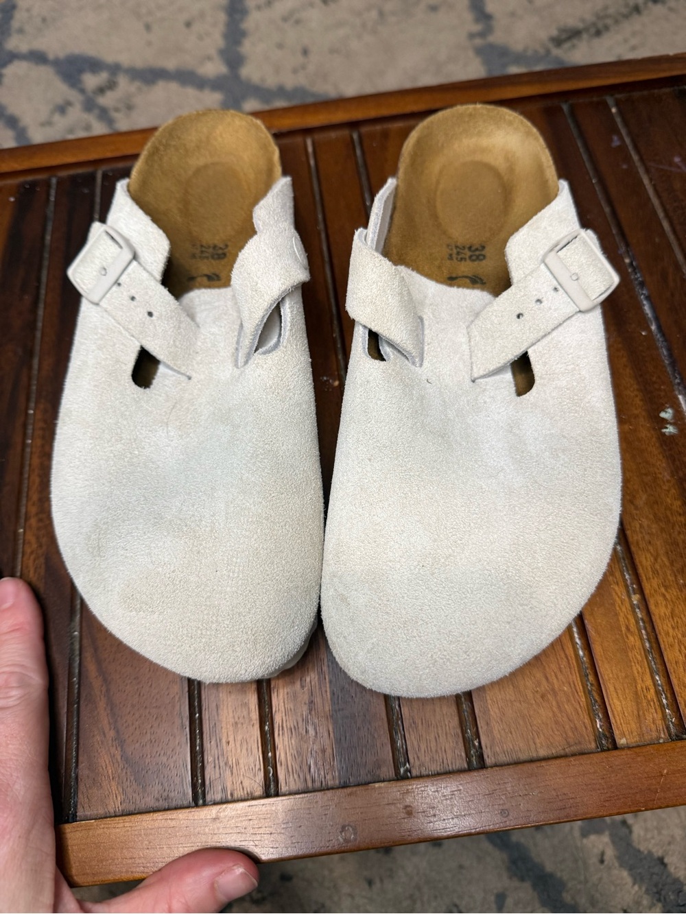 Birkenstock Suede Boston Clog with Adjustable Buckle in Light Beige